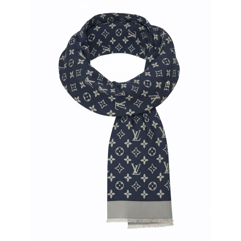 Louis Vuitton Blue and Gray Denim Monogram Wool Silk Shawl Scarf Auth - Picture 10 of 13
